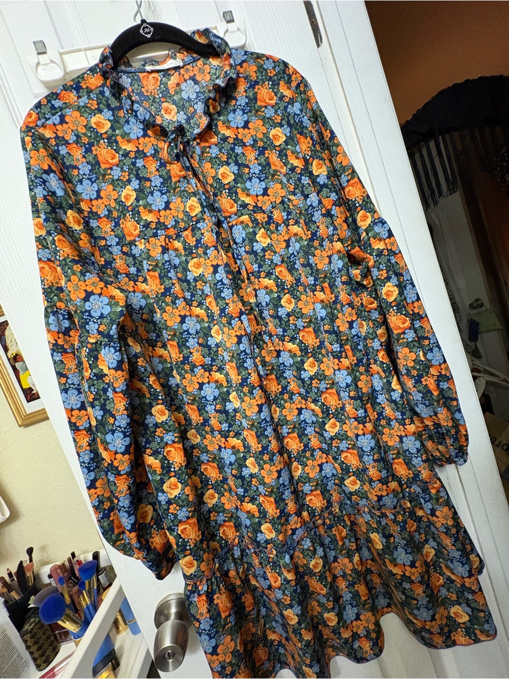 Floral Tie-Neck Long Sleeve Dress in Orange & Blue
